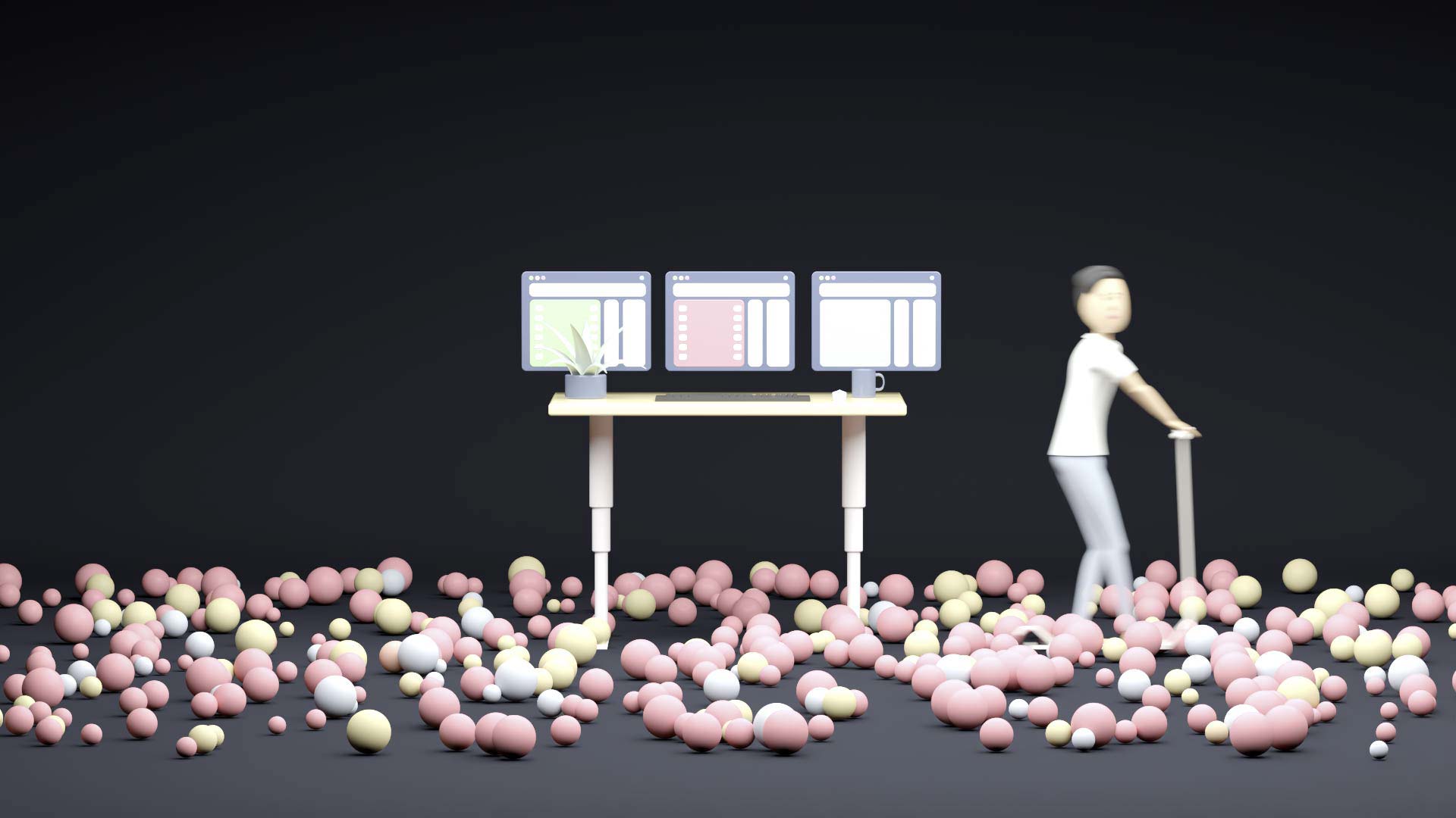 A co-worker enters the workspace represented by a height-adjustable desktop. The co-worker uses an e-scooter. In the room, there are numerous rolling balls representing itesign-developed apps.